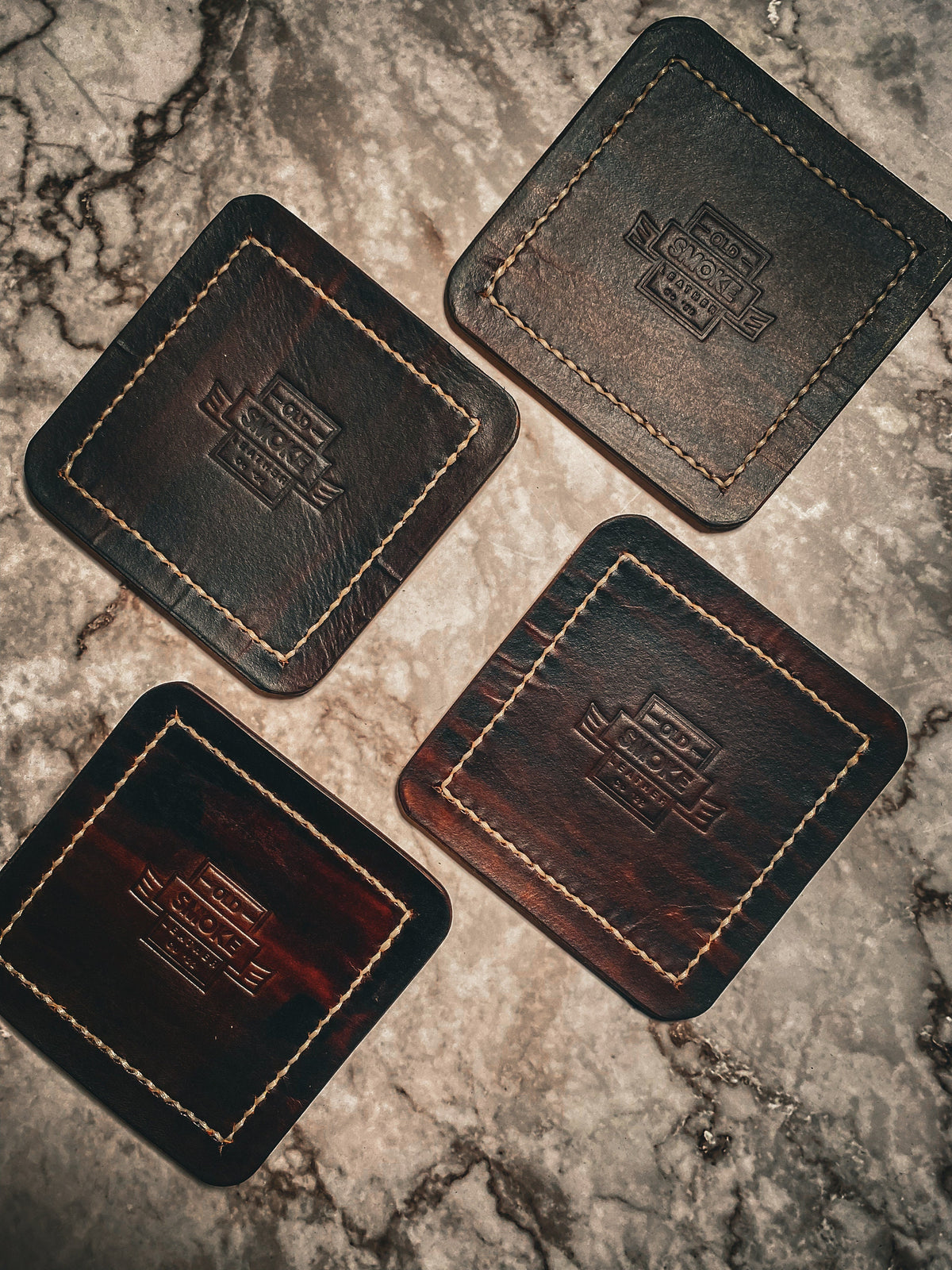 Handmade Leather Coasters – Full Grain Veg Tan Leather | Walnut Brown with Cream Stitching | Rustic Home Gift | Old Smoke Leather