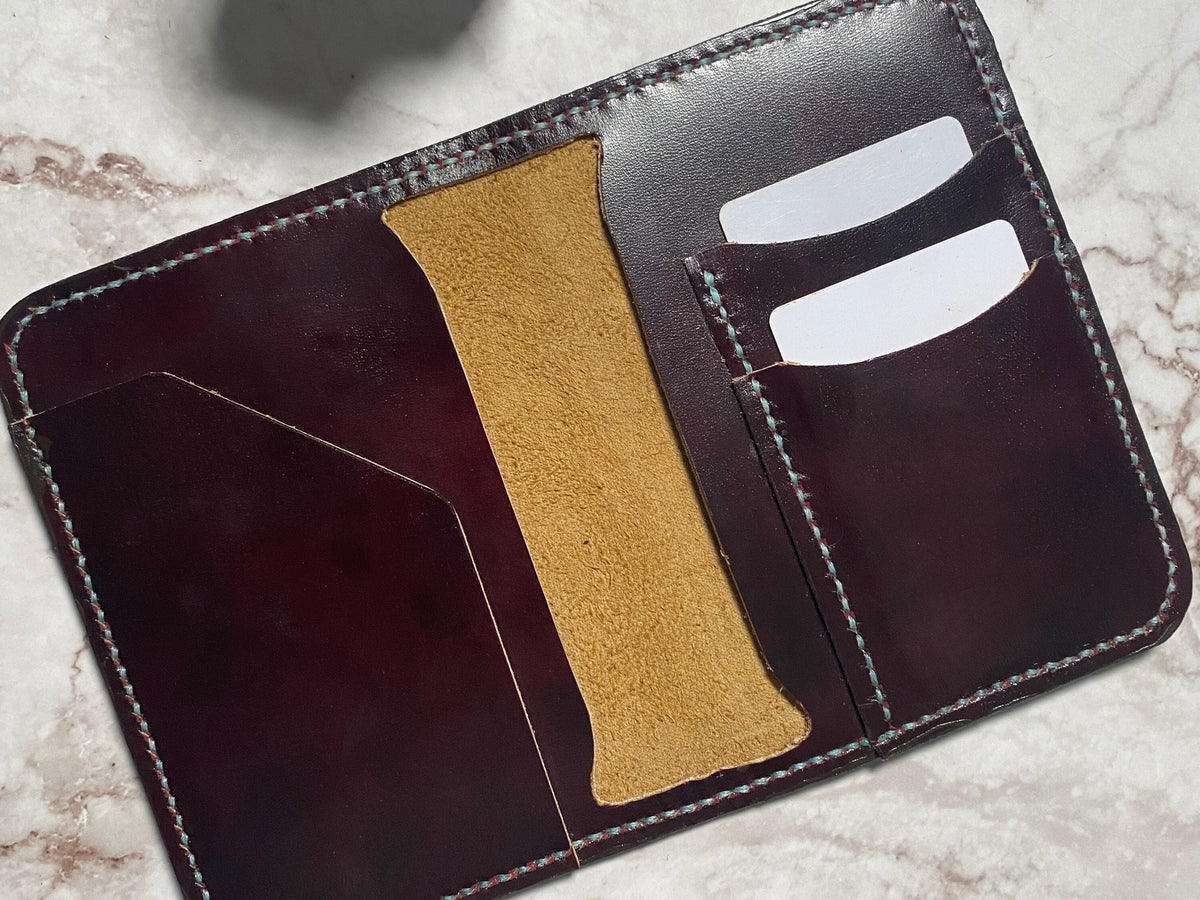 Handmade Mottled Wine Leather Passport Holder – Full Grain Travel Wallet