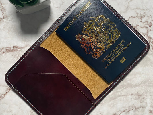 Handmade Mottled Wine Leather Passport Holder – Full Grain Travel Wallet