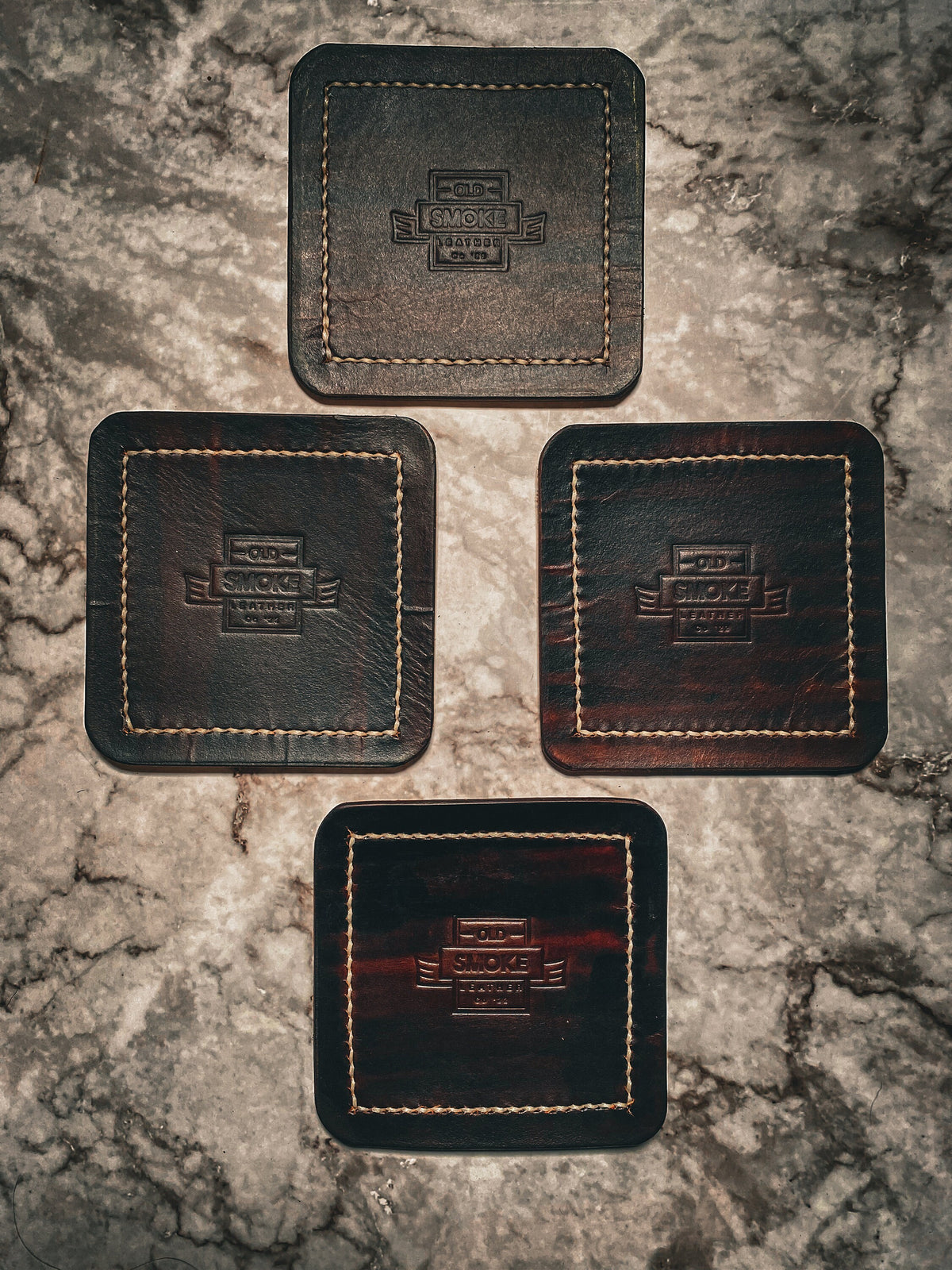 Handmade Leather Coasters – Full Grain Veg Tan Leather | Walnut Brown with Cream Stitching | Rustic Home Gift | Old Smoke Leather