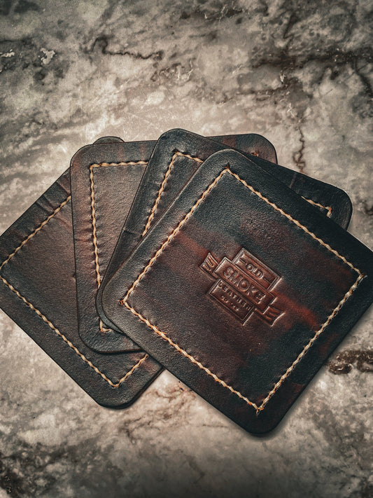 Handmade Leather Coasters – Full Grain Veg Tan Leather | Walnut Brown with Cream Stitching | Rustic Home Gift | Old Smoke Leather