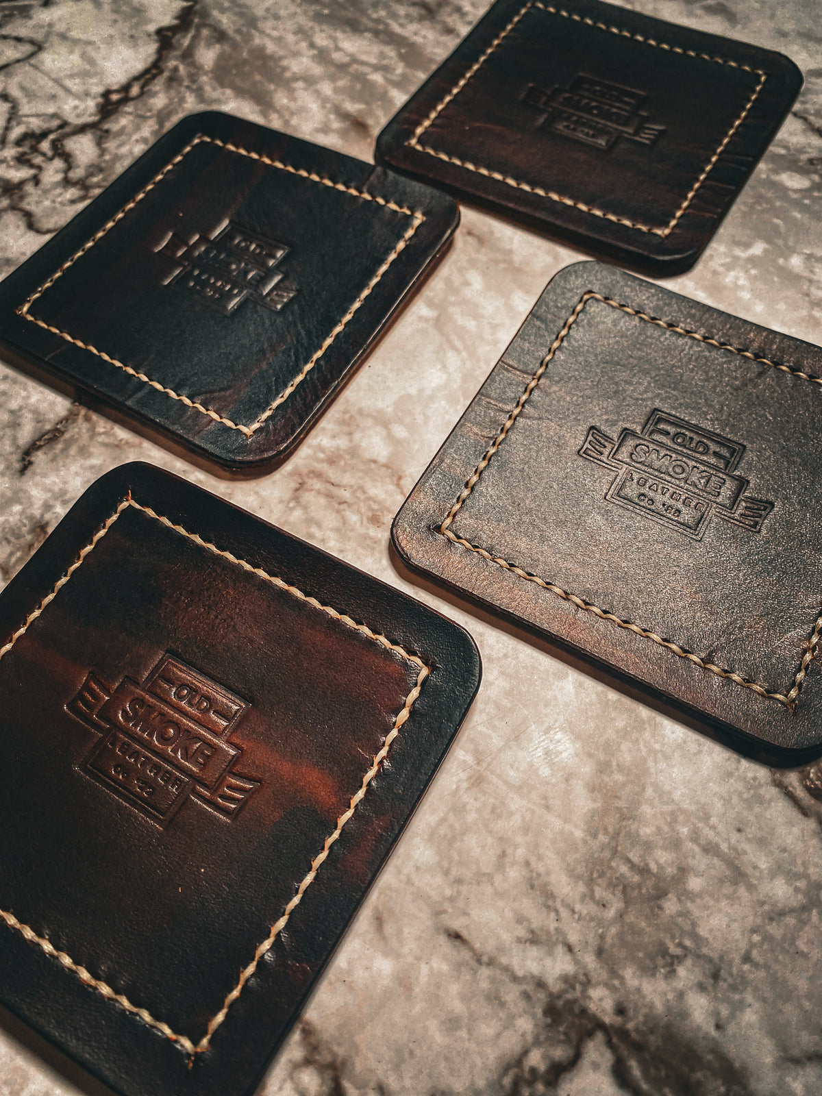 Handmade Leather Coasters – Full Grain Veg Tan Leather | Walnut Brown with Cream Stitching | Rustic Home Gift | Old Smoke Leather