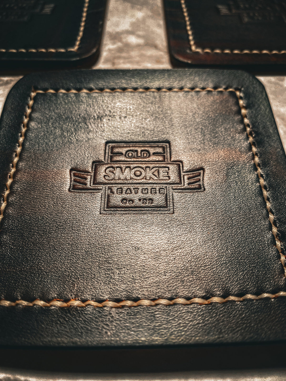 Handmade Leather Coasters – Full Grain Veg Tan Leather | Walnut Brown with Cream Stitching | Rustic Home Gift | Old Smoke Leather
