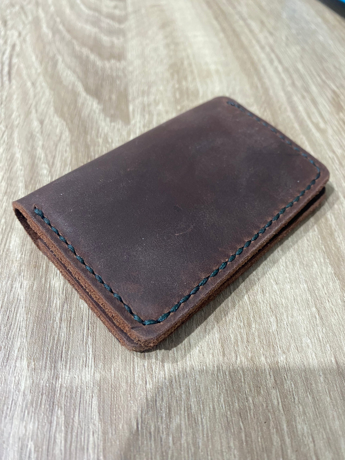 Handcrafted Bifold Leather Card Holder – Deep Brown Waxy Pull-Up Leather, minimalist bifold leather wallet.