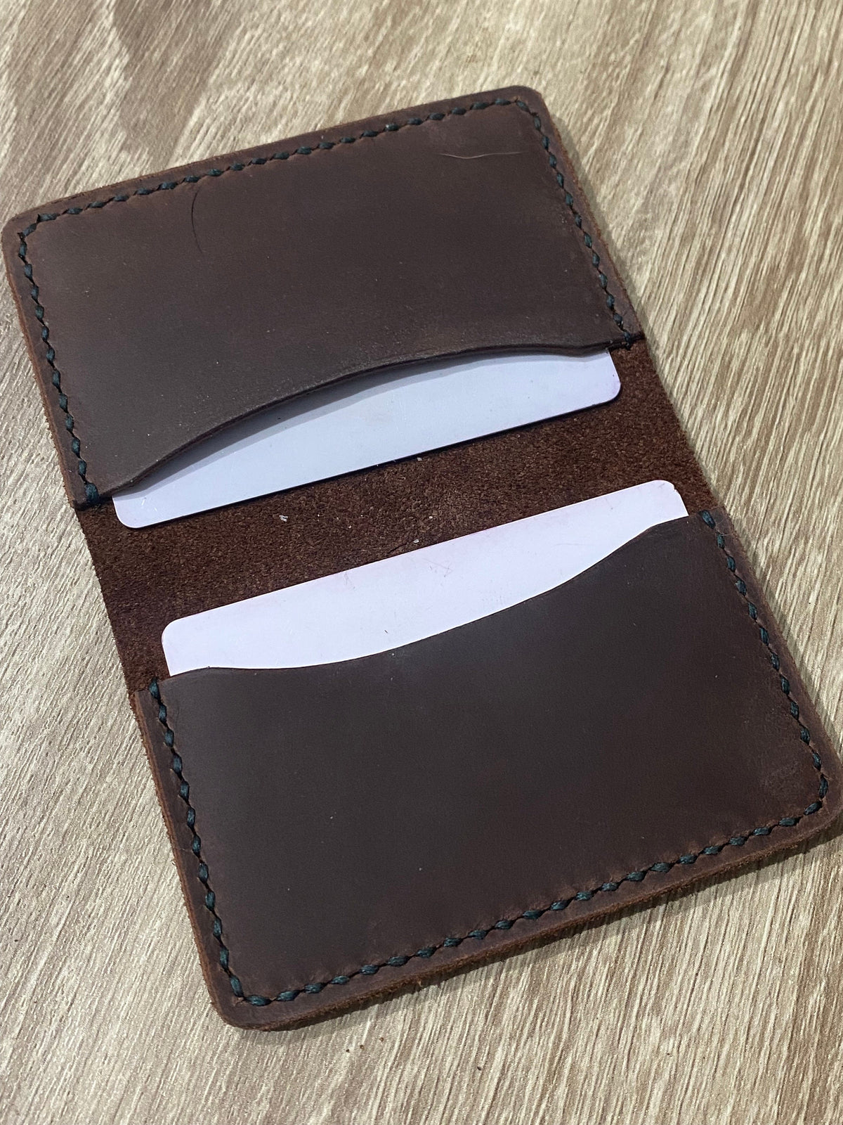Handcrafted Bifold Leather Card Holder – Deep Brown Waxy Pull-Up Leather, minimalist bifold leather wallet.