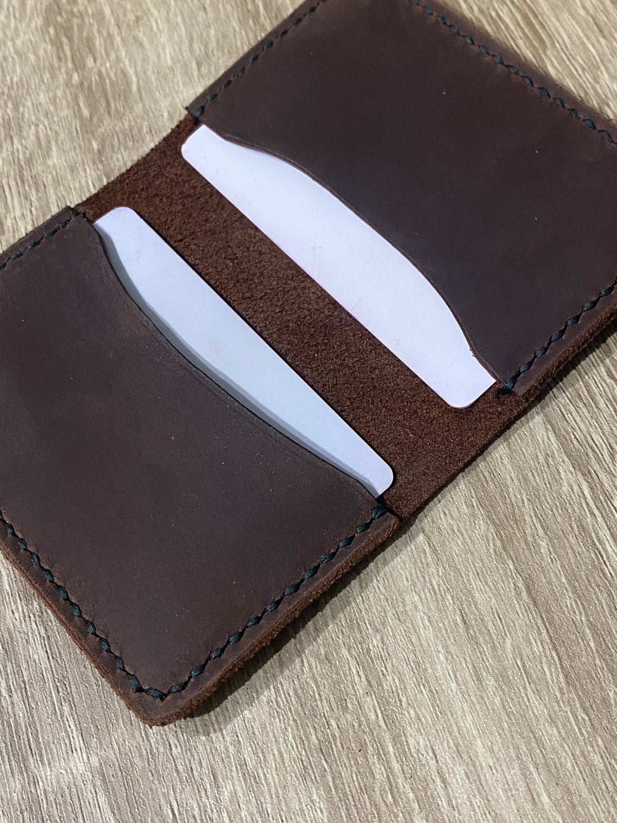 Handcrafted Bifold Leather Card Holder – Deep Brown Waxy Pull-Up Leather, minimalist bifold leather wallet.