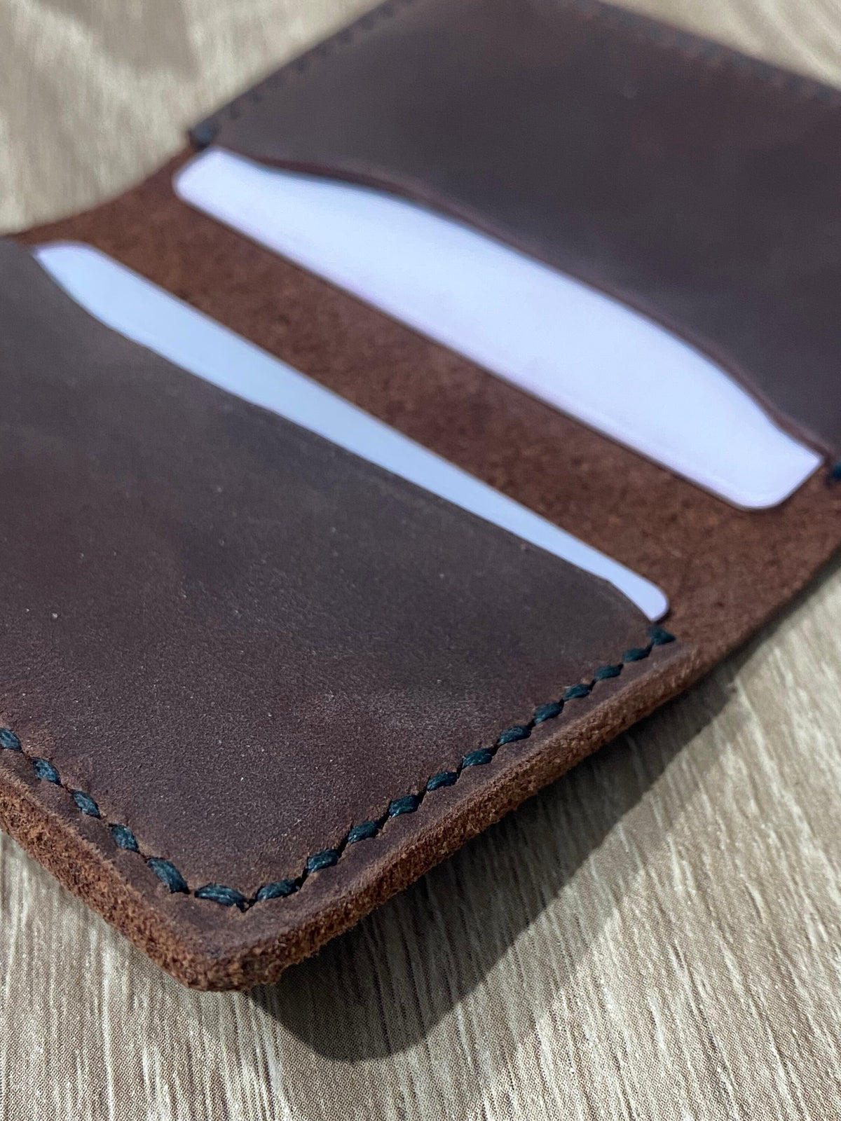 Handcrafted Bifold Leather Card Holder – Deep Brown Waxy Pull-Up Leather, minimalist bifold leather wallet.