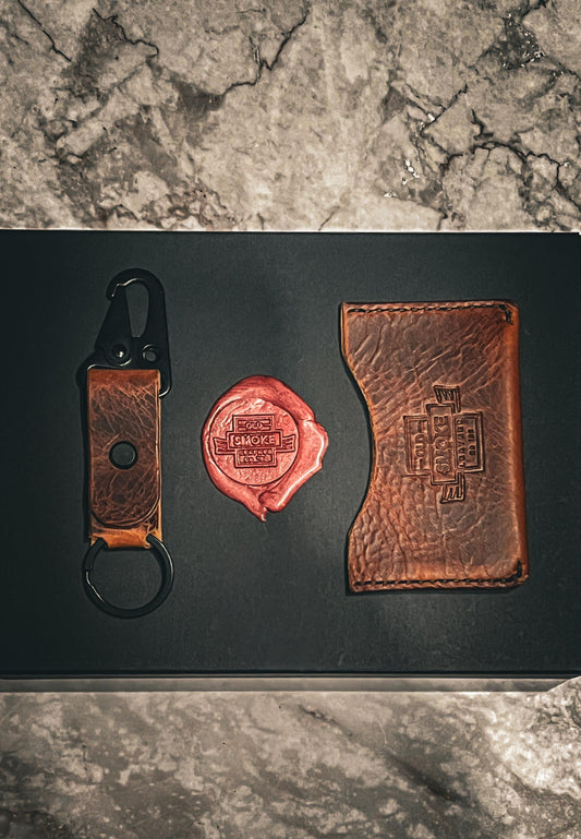 Handmade Leather Gift Set – Crazy Horse Leather Keychain & Front Pocket Card Holder | Minimalist Men’s Gift | Personalized Anniversary Gift