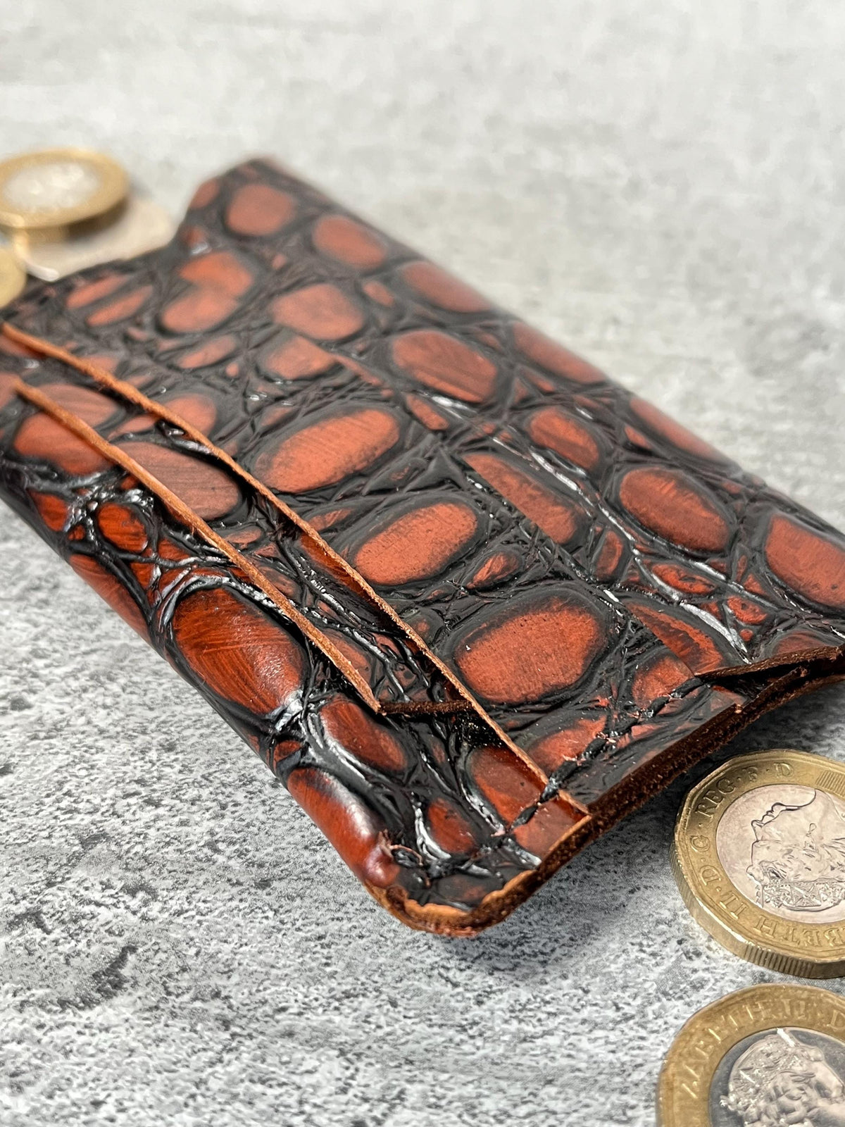 Handmade Croc Embossed Leather Cardholder - Minimalist Wallet