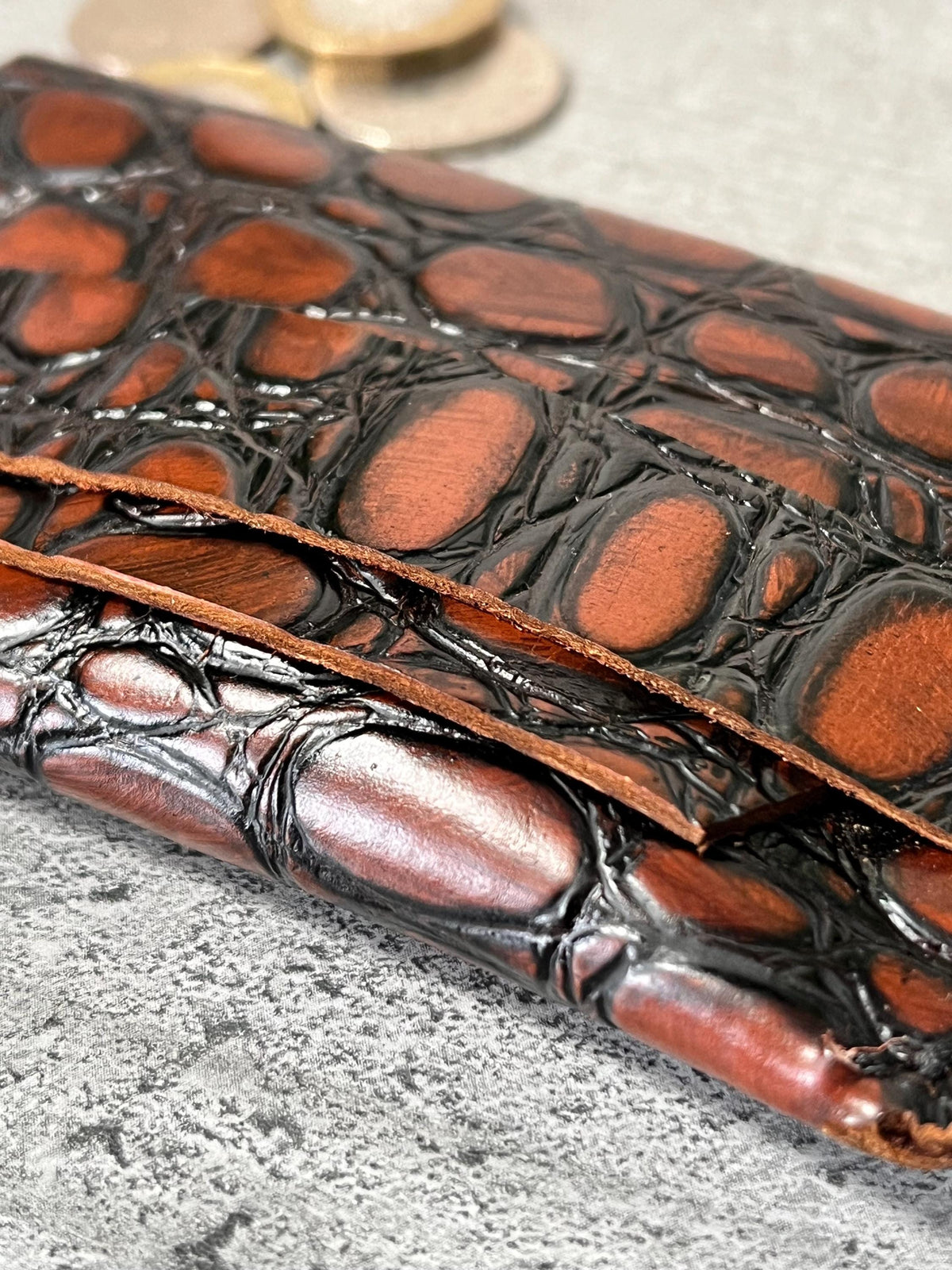 Handmade Croc Embossed Leather Cardholder - Minimalist Wallet