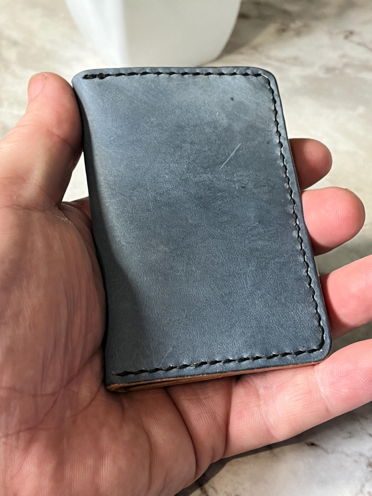 Handcrafted Bifold Leather Card Holder – stone blue and tan Leather, minimalist bifold leather wallet.
