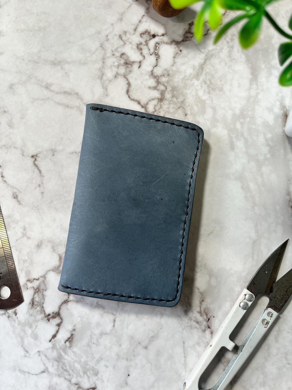 Handcrafted Bifold Leather Card Holder – stone blue and tan Leather, minimalist bifold leather wallet.