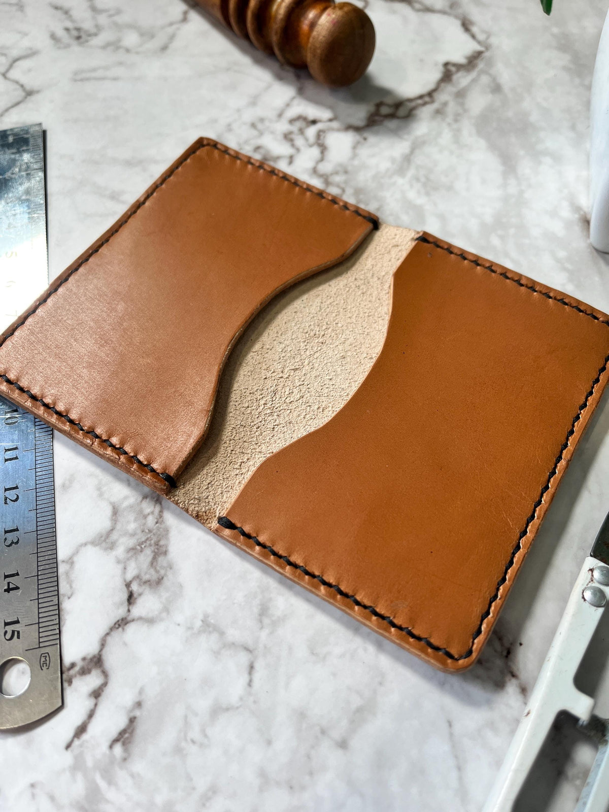Handcrafted Bifold Leather Card Holder – stone blue and tan Leather, minimalist bifold leather wallet.
