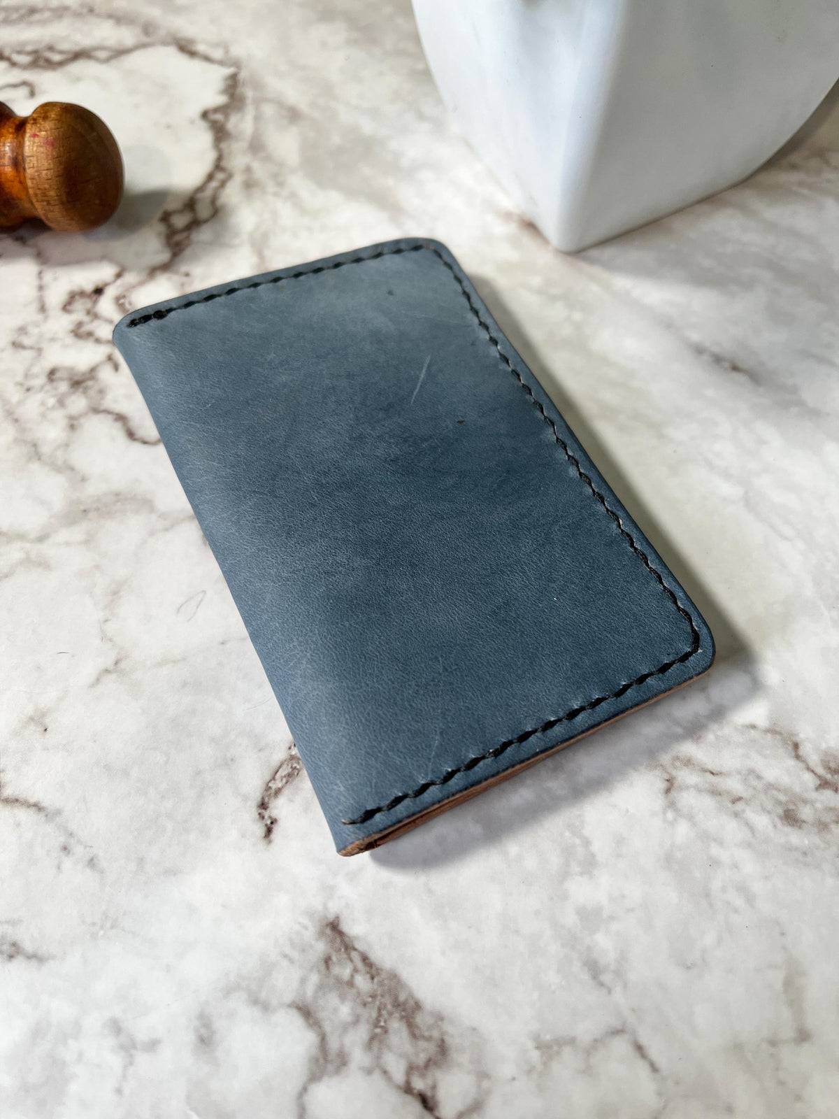 Handcrafted Bifold Leather Card Holder – stone blue and tan Leather, minimalist bifold leather wallet.