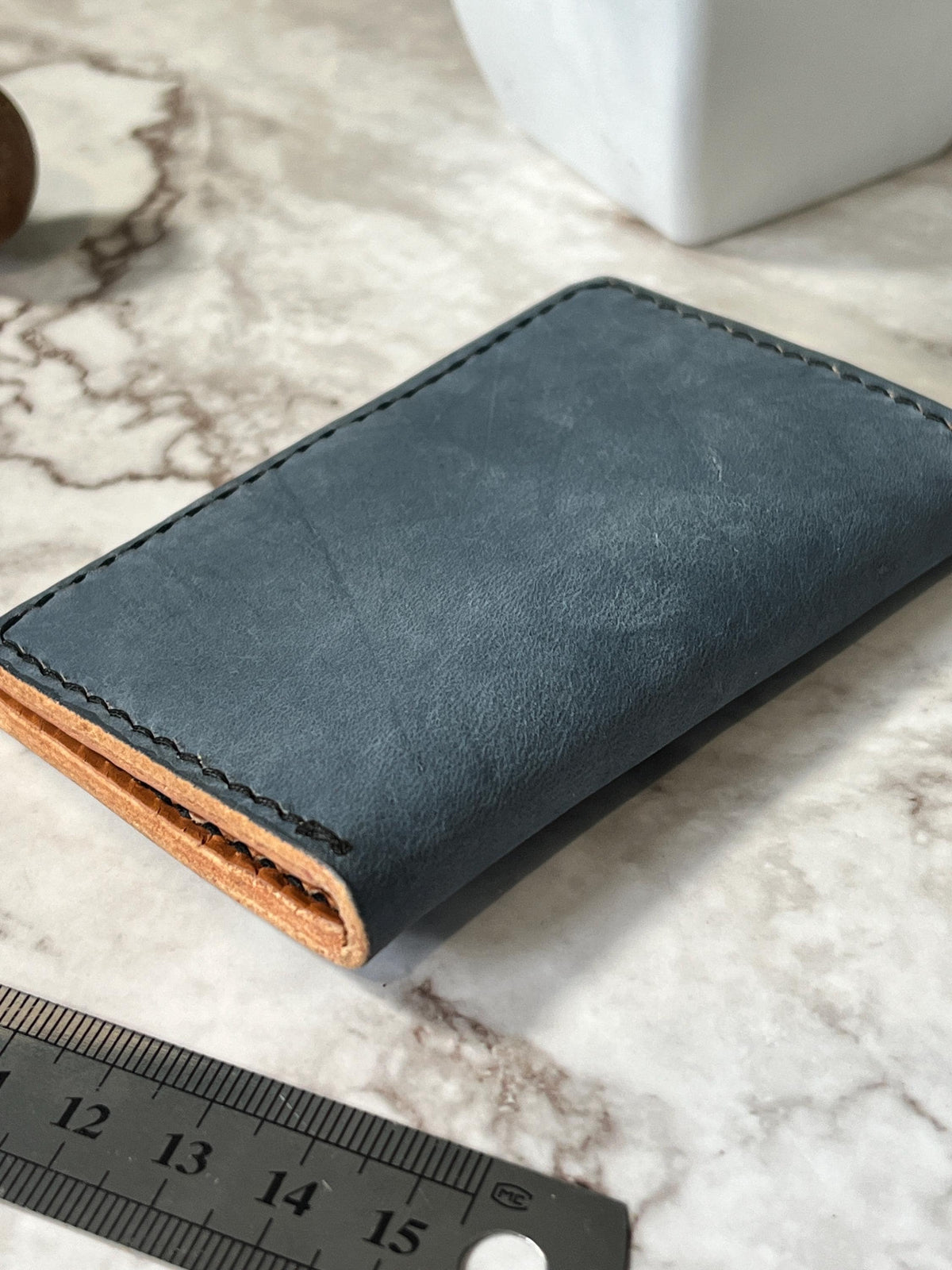 Handcrafted Bifold Leather Card Holder – stone blue and tan Leather, minimalist bifold leather wallet.