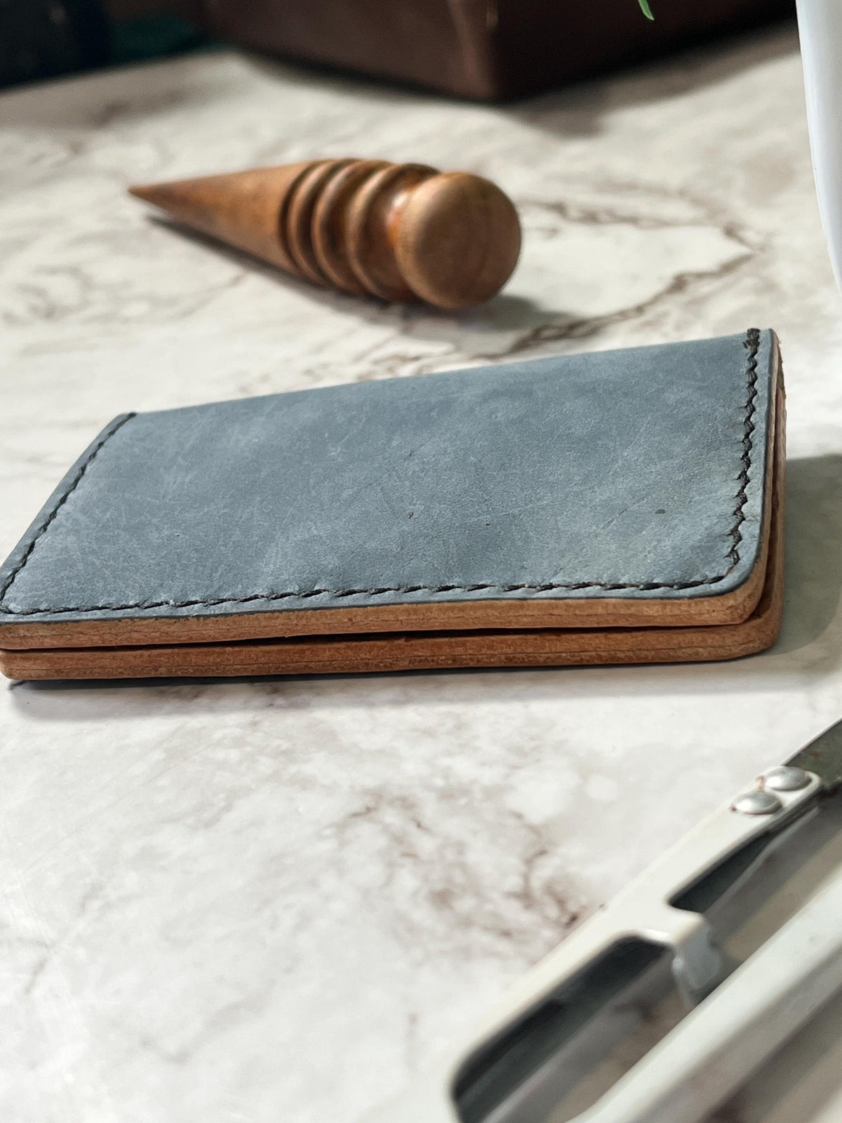Handcrafted Bifold Leather Card Holder – stone blue and tan Leather, minimalist bifold leather wallet.