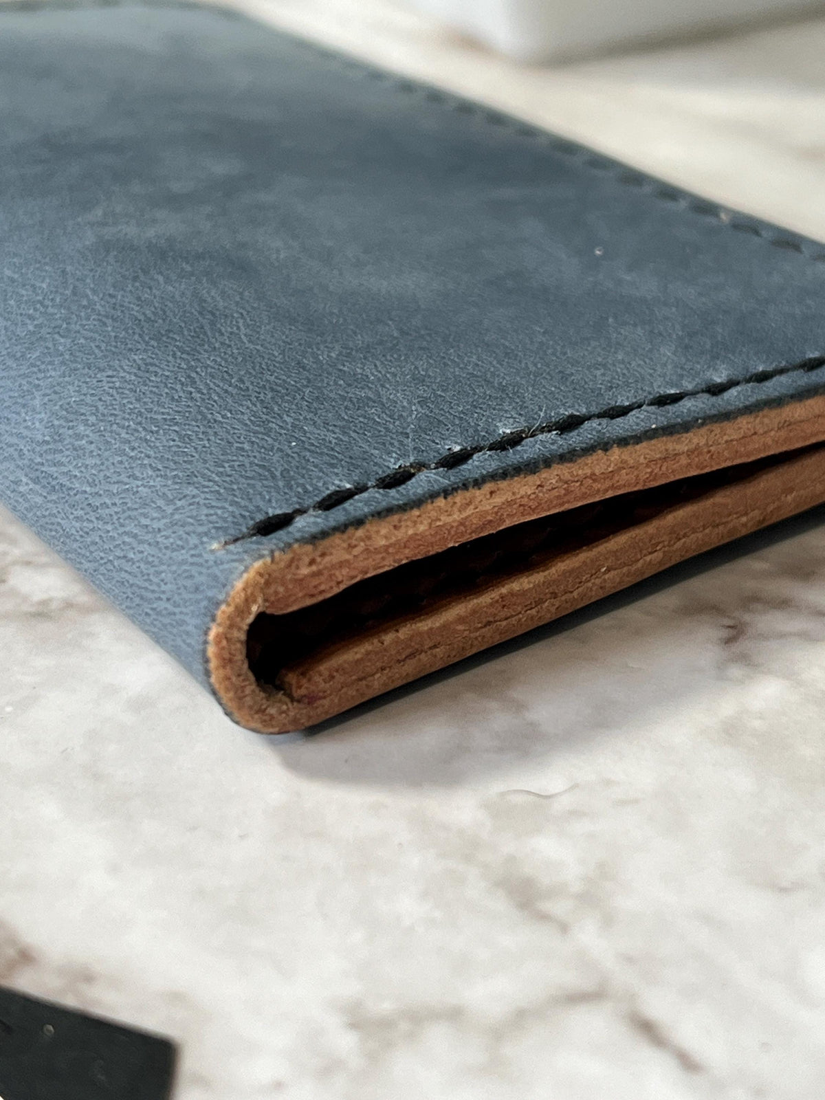 Handcrafted Bifold Leather Card Holder – stone blue and tan Leather, minimalist bifold leather wallet.