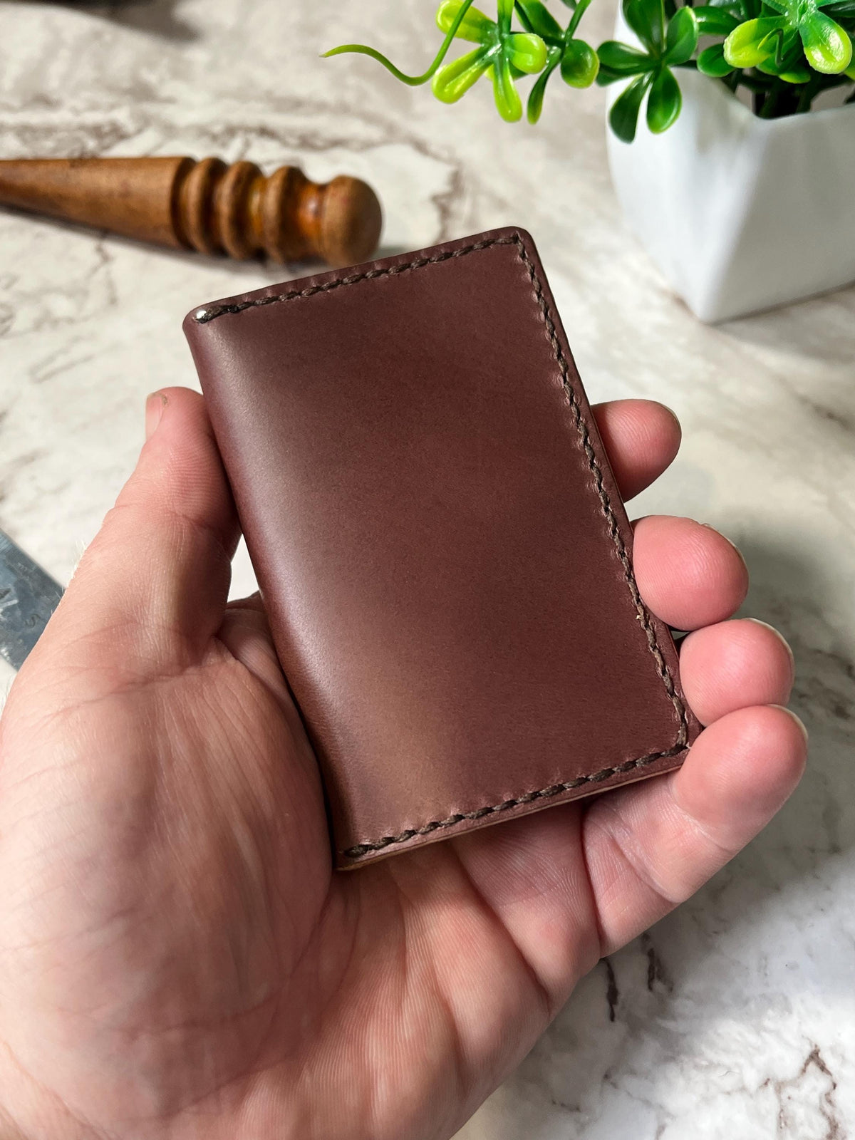 Handcrafted Bifold Leather Card Holder – Rich hazelnut and tan Leather, minimalist bifold leather wallet.