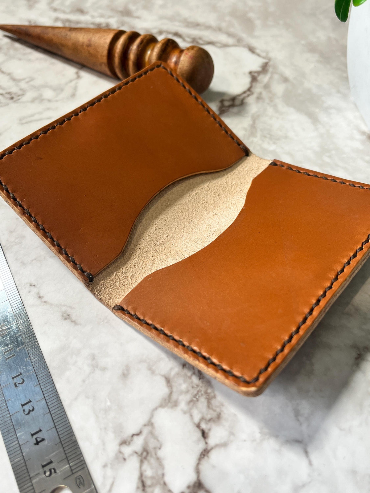 Handcrafted Bifold Leather Card Holder – Rich hazelnut and tan Leather, minimalist bifold leather wallet.
