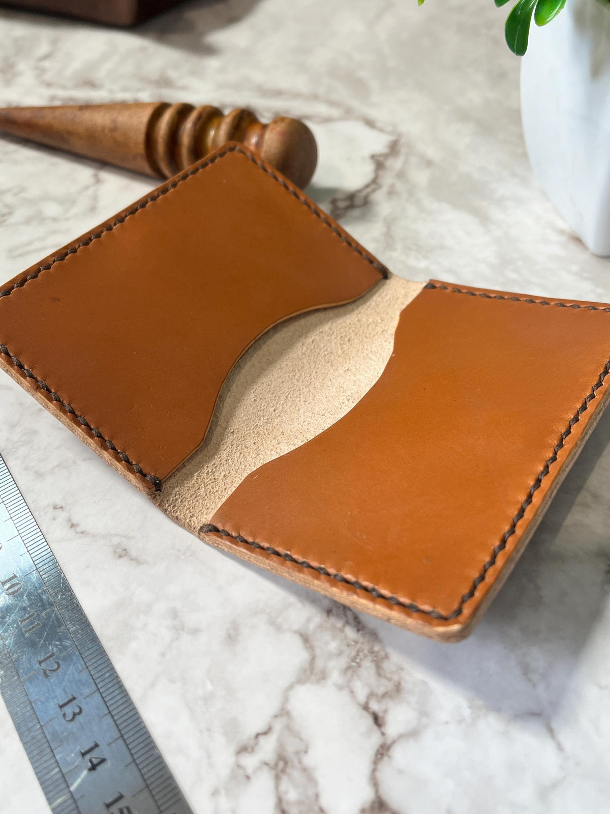 Handcrafted Bifold Leather Card Holder – Rich hazelnut and tan Leather, minimalist bifold leather wallet.