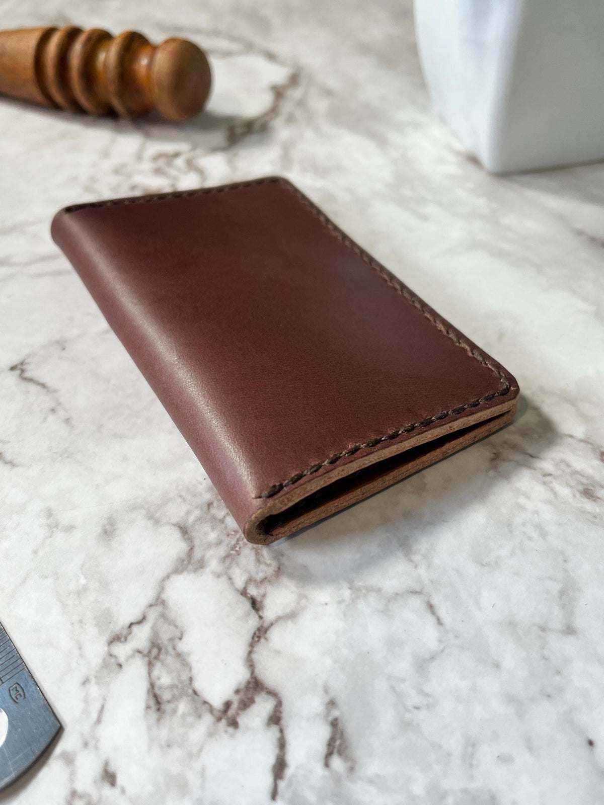 Handcrafted Bifold Leather Card Holder – Rich hazelnut and tan Leather, minimalist bifold leather wallet.